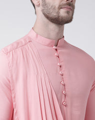 Men's Pink Solid Cowl Neck Cotton Kurta Pajama Set