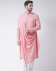 Men's Pink Solid Cowl Neck Cotton Kurta Pajama Set