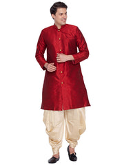 Men's Maroon Solid Tunic Cotton Kurta Pajama Set