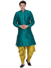 Ensemble de pyjama Kurta uni en soie Banglori bleu sarcelle pour hommes