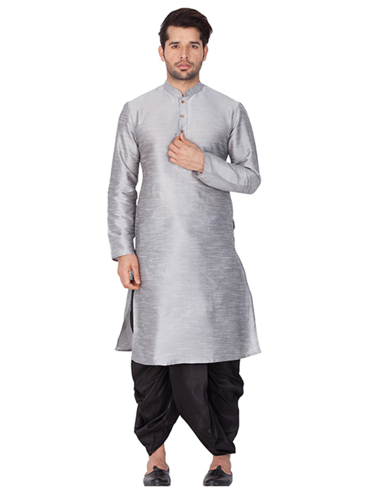 Ensemble pyjama Kurta en soie Bangalori gris uni pour homme