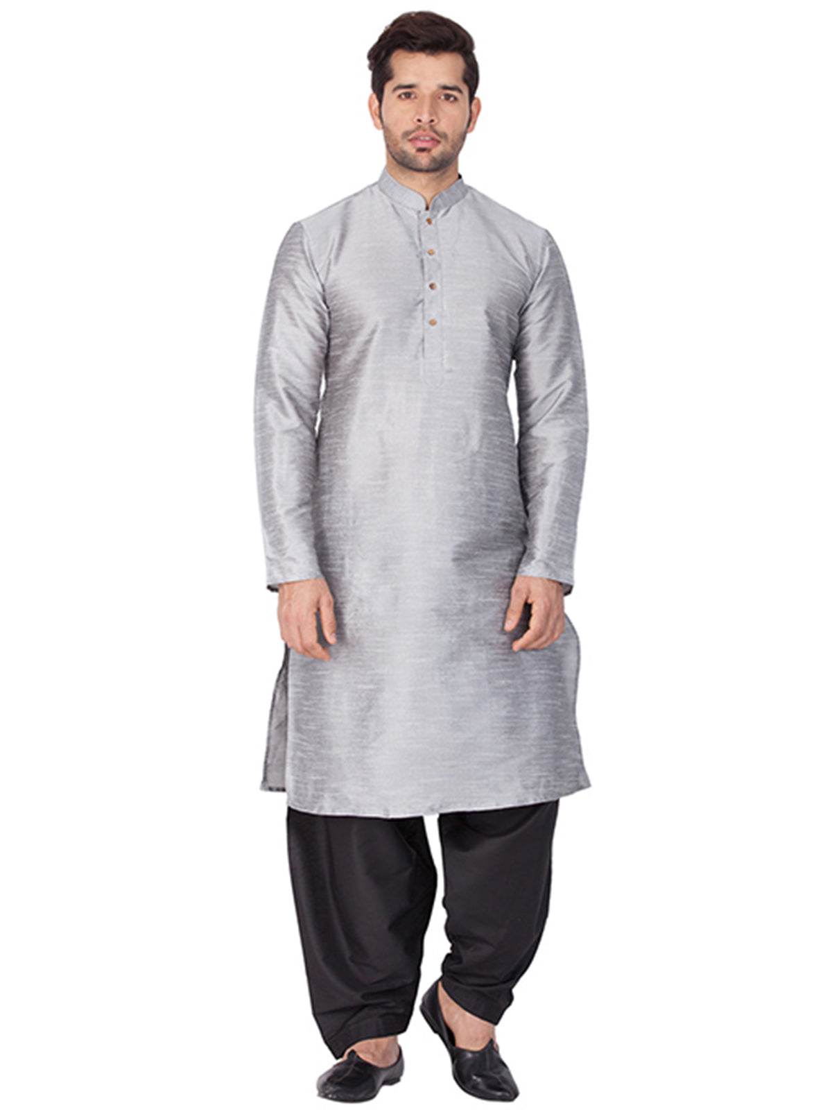 Ensemble pyjama Kurta en soie Bangalori gris uni pour homme