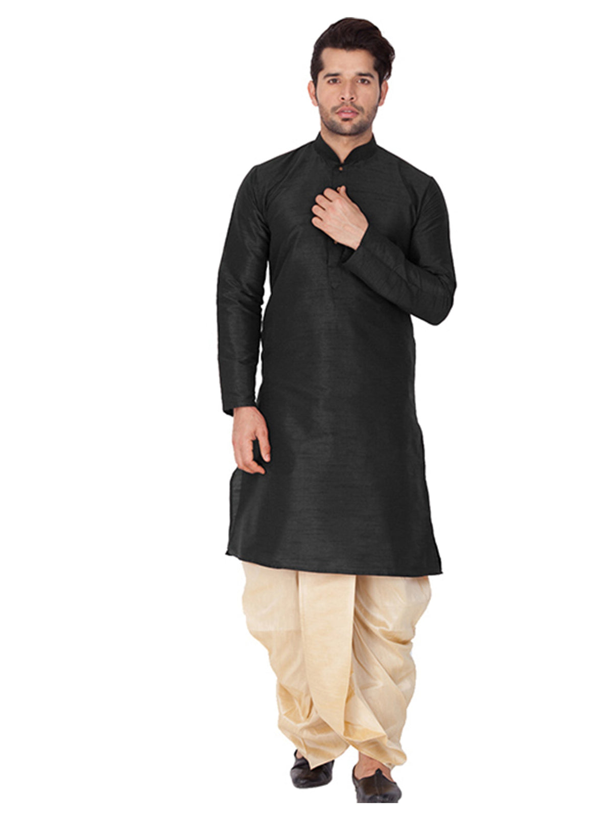 Ensemble pyjama Kurta en soie noire unie Bangalori pour homme