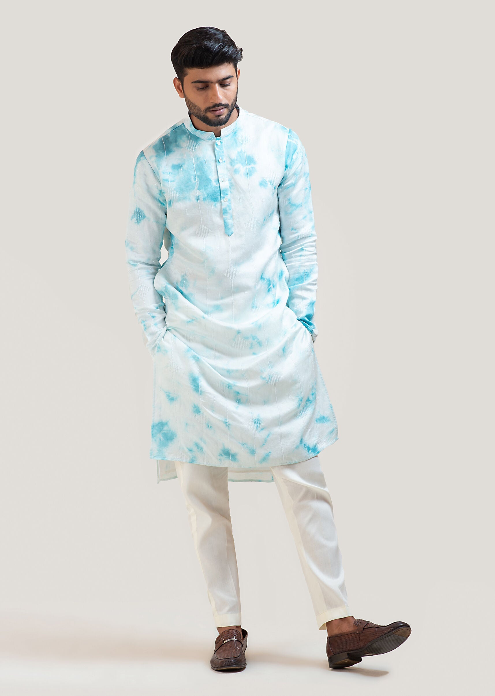 Men's Light Blue Printed Rayon Kurta Pajama Set