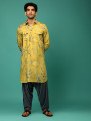 Men's Yellow Printed Rayon Kurta Pajama Set