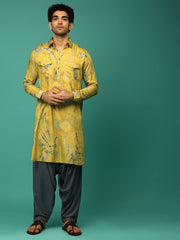 Men's Yellow Printed Rayon Kurta Pajama Set