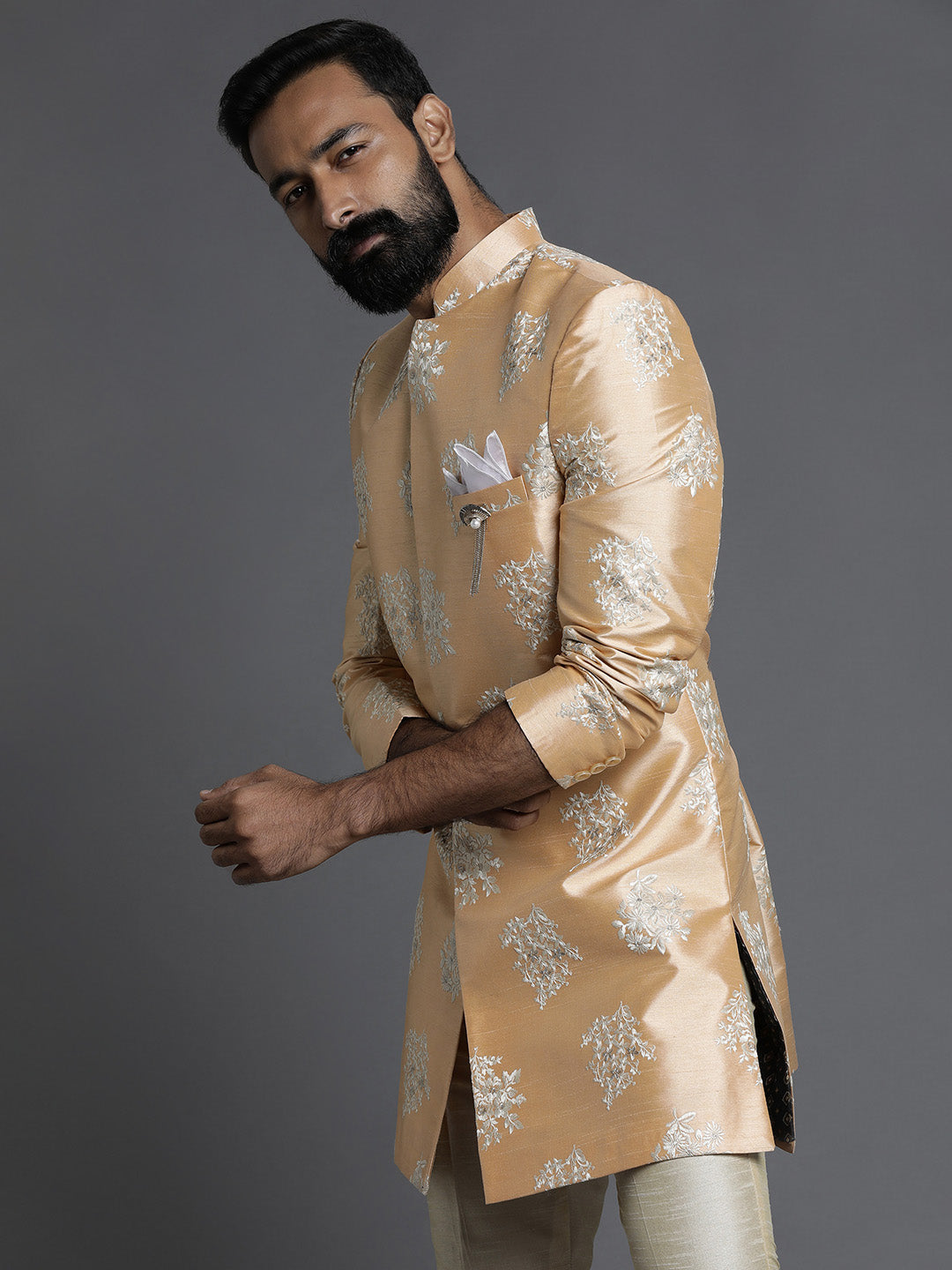 Men's Light Orange Woven Cotton Kurta Pajama Set