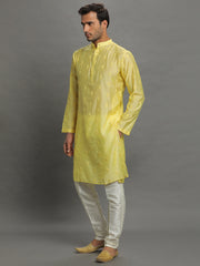 Men's Yellow Embroidered Cotton Kurta Pajama Set