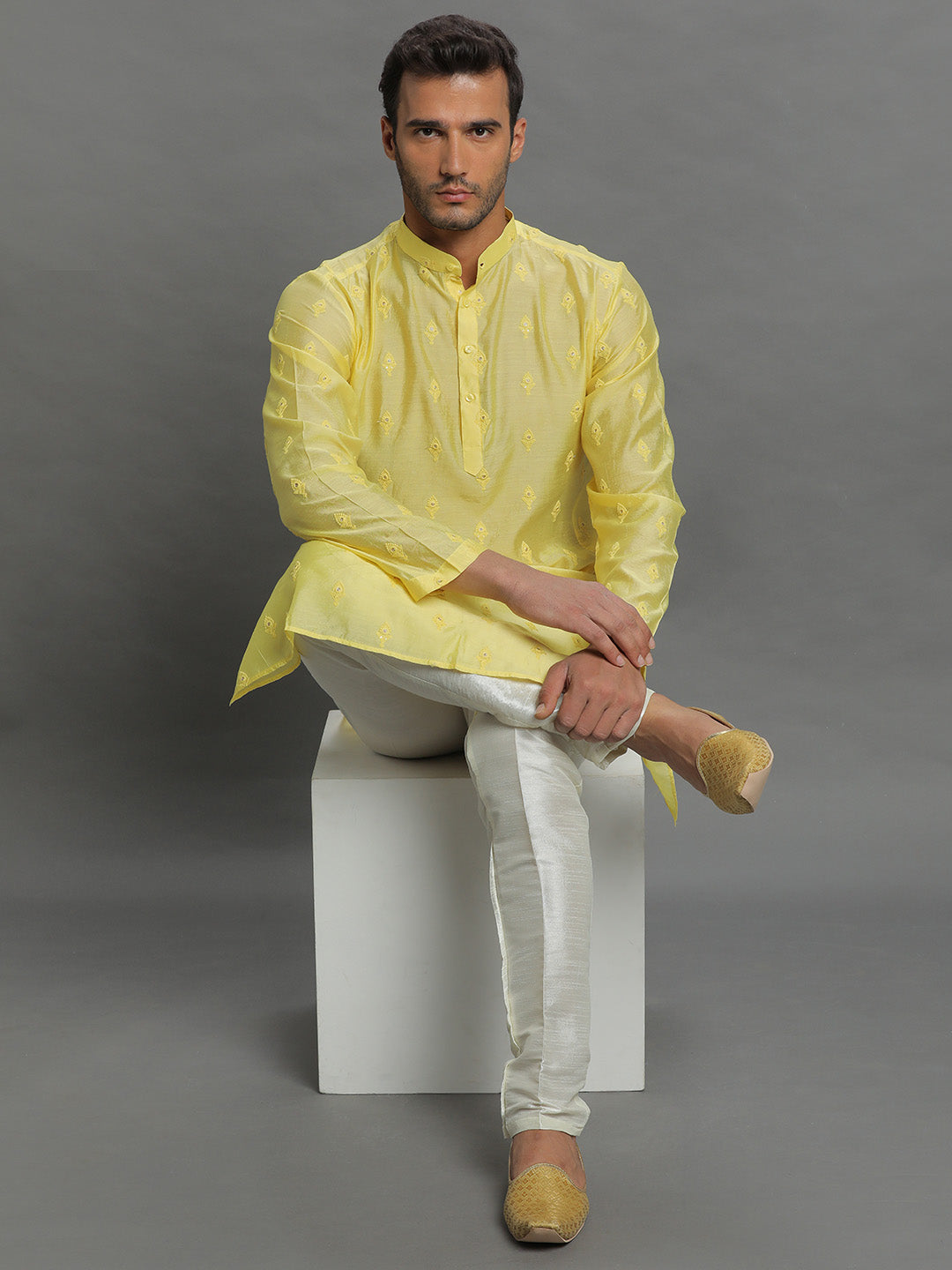 Men's Yellow Embroidered Cotton Kurta Pajama Set