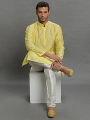 Men's Yellow Embroidered Cotton Kurta Pajama Set