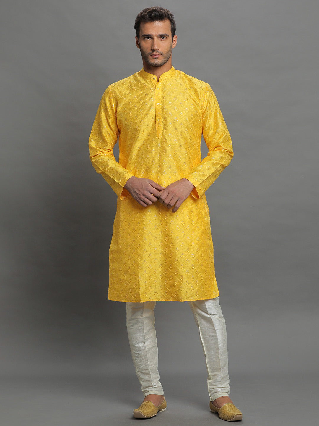 Men's Yellow Cotton Kurta Pajama Set Haldi Outfit