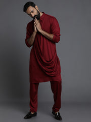 Men's Maroon Solid Tunic Cotton Kurta Pajama Set