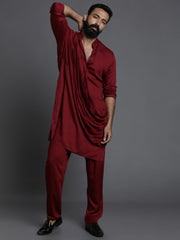 Men's Maroon Solid Tunic Cotton Kurta Pajama Set