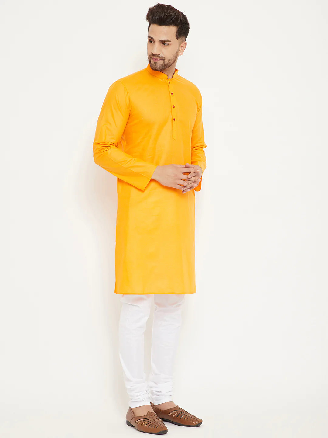 Men's Yellow Solid Tunic Cotton Kurta Pajama Set