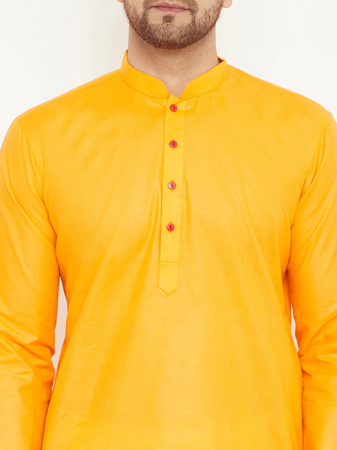 Men's Yellow Solid Tunic Cotton Kurta Pajama Set