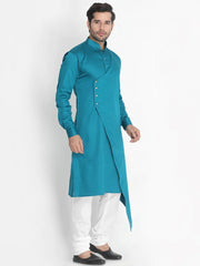 Men's Teal Solid Tunic Cotton Kurta Pajama Set