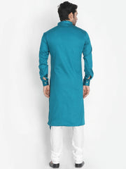 Men's Teal Solid Tunic Cotton Kurta Pajama Set