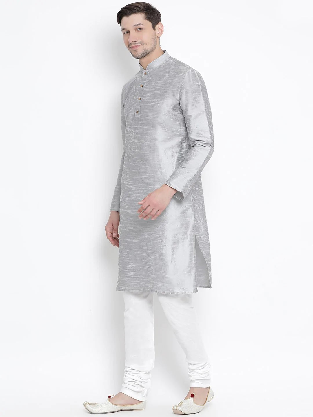 Men's Gray Solid Tunic Cotton Kurta Pajama Set