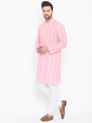 Men's Pink Embroidered Tunic Cotton Kurta Pajama Set