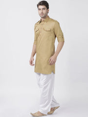 Men's Beige Solid Tunic Cotton Kurta Pajama Set