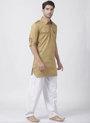 Men's Beige Solid Tunic Cotton Kurta Pajama Set