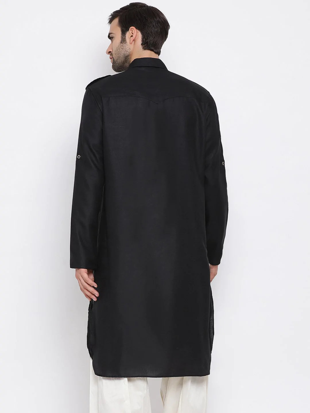 Men's Black Solid Tunic Cotton Kurta Pajama Set