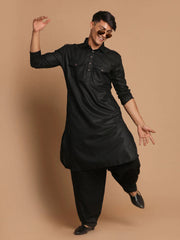 Men's Black Solid Tunic Cotton Kurta Pajama Set