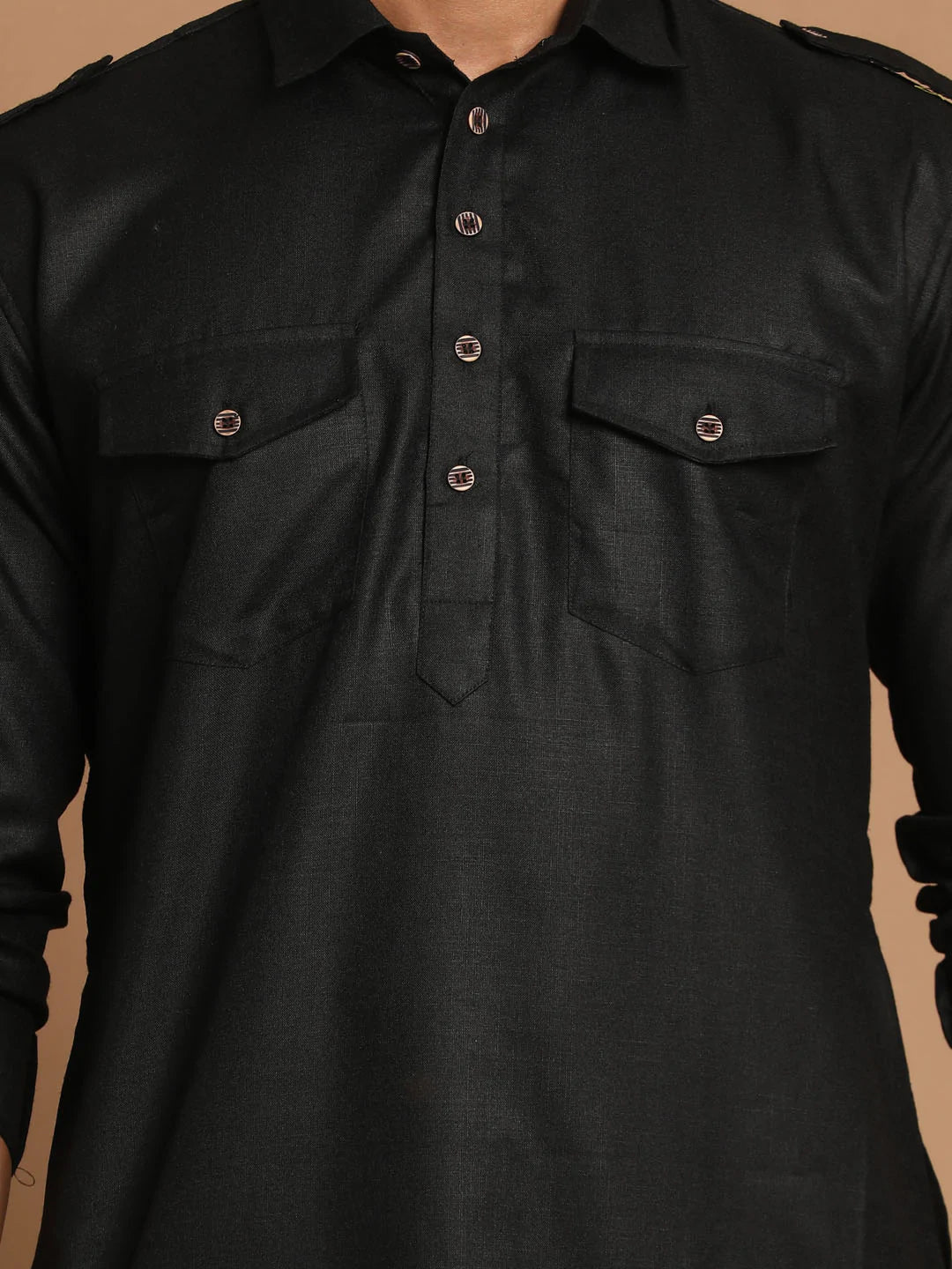 Men's Black Solid Tunic Cotton Kurta Pajama Set