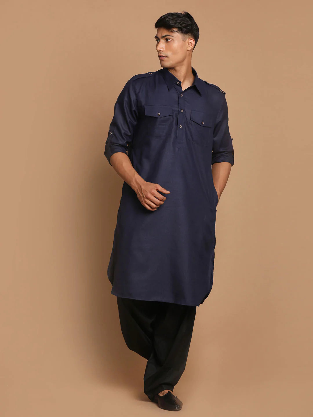 Men's Navy Blue Solid Tunic Cotton Kurta Pajama Set