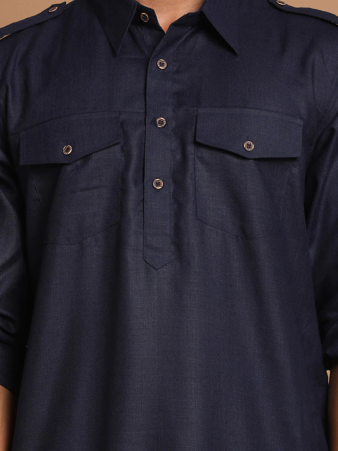 Men's Navy Blue Solid Tunic Cotton Kurta Pajama Set