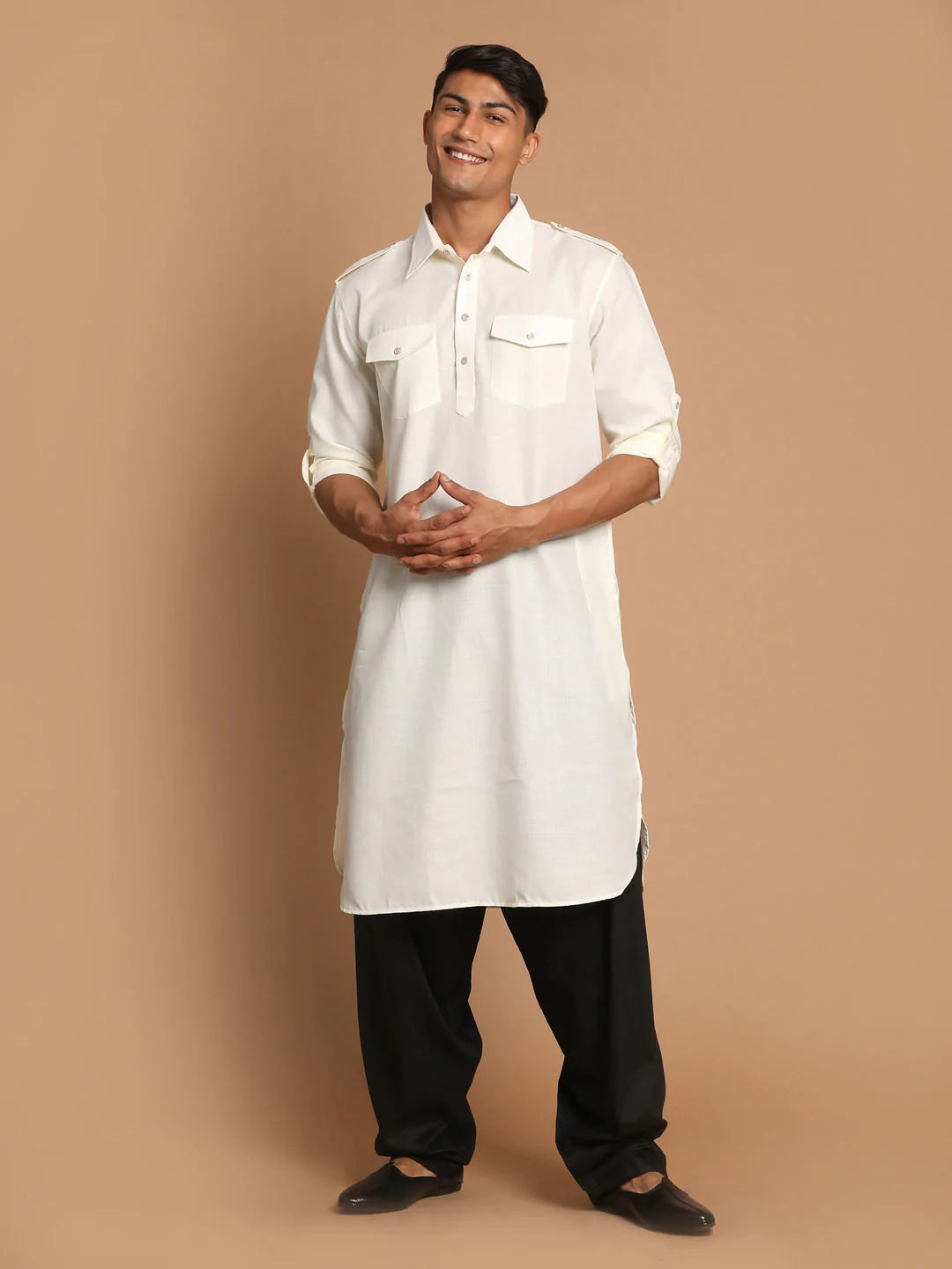 Men's Off White Solid Cotton Kurta Pajama Set