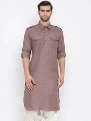 Men's Light Brown Solid Tunic Cotton Kurta Pajama Set