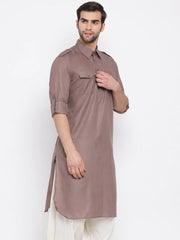 Men's Light Brown Solid Tunic Cotton Kurta Pajama Set