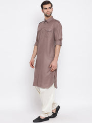 Men's Light Brown Solid Cotton Kurta Pajama Set