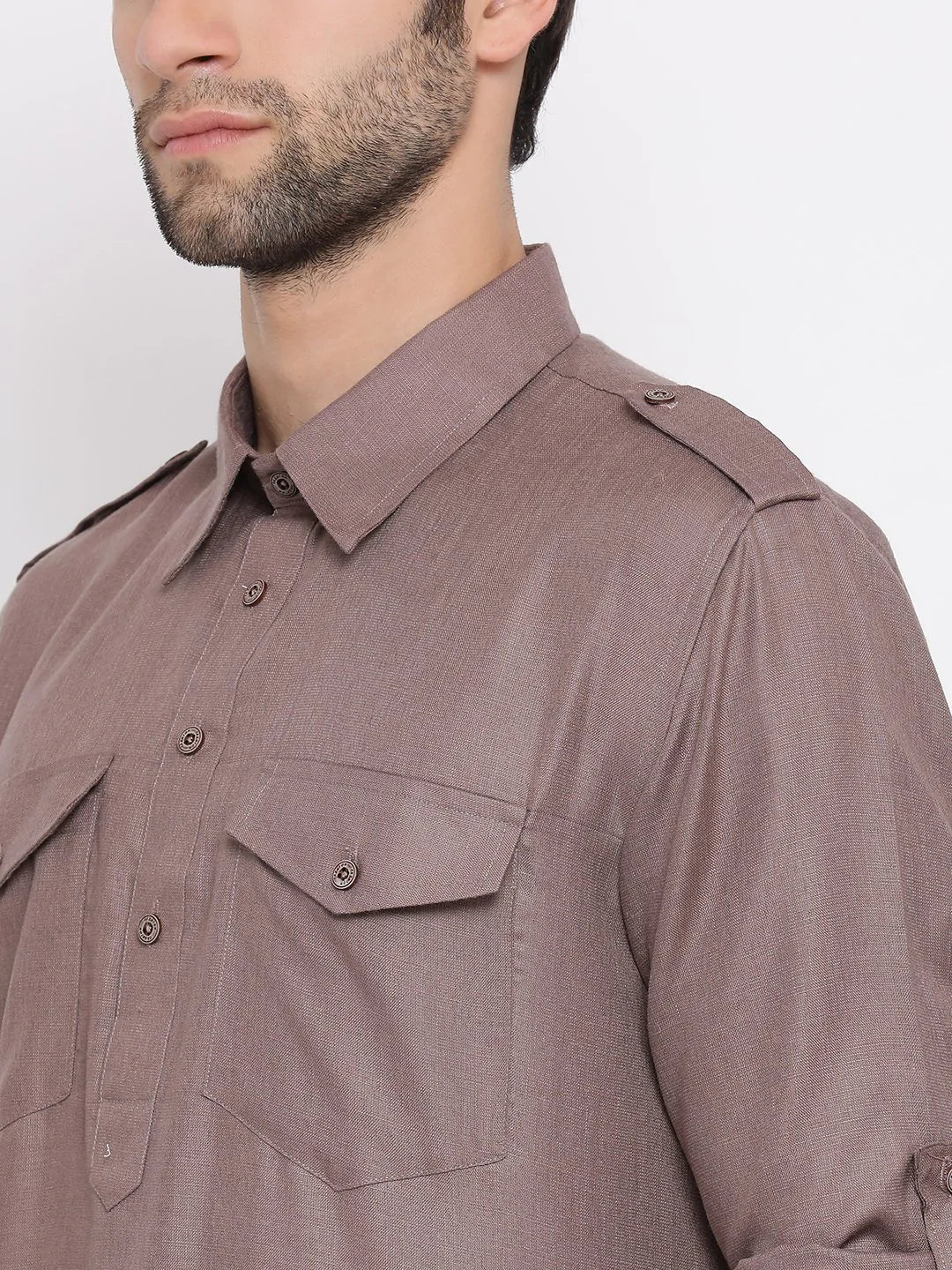 Men's Light Brown Solid Cotton Kurta Pajama Set