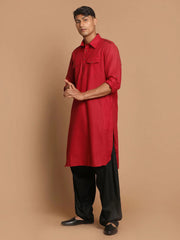 Men's Red Solid Tunic Cotton Kurta Pajama Set