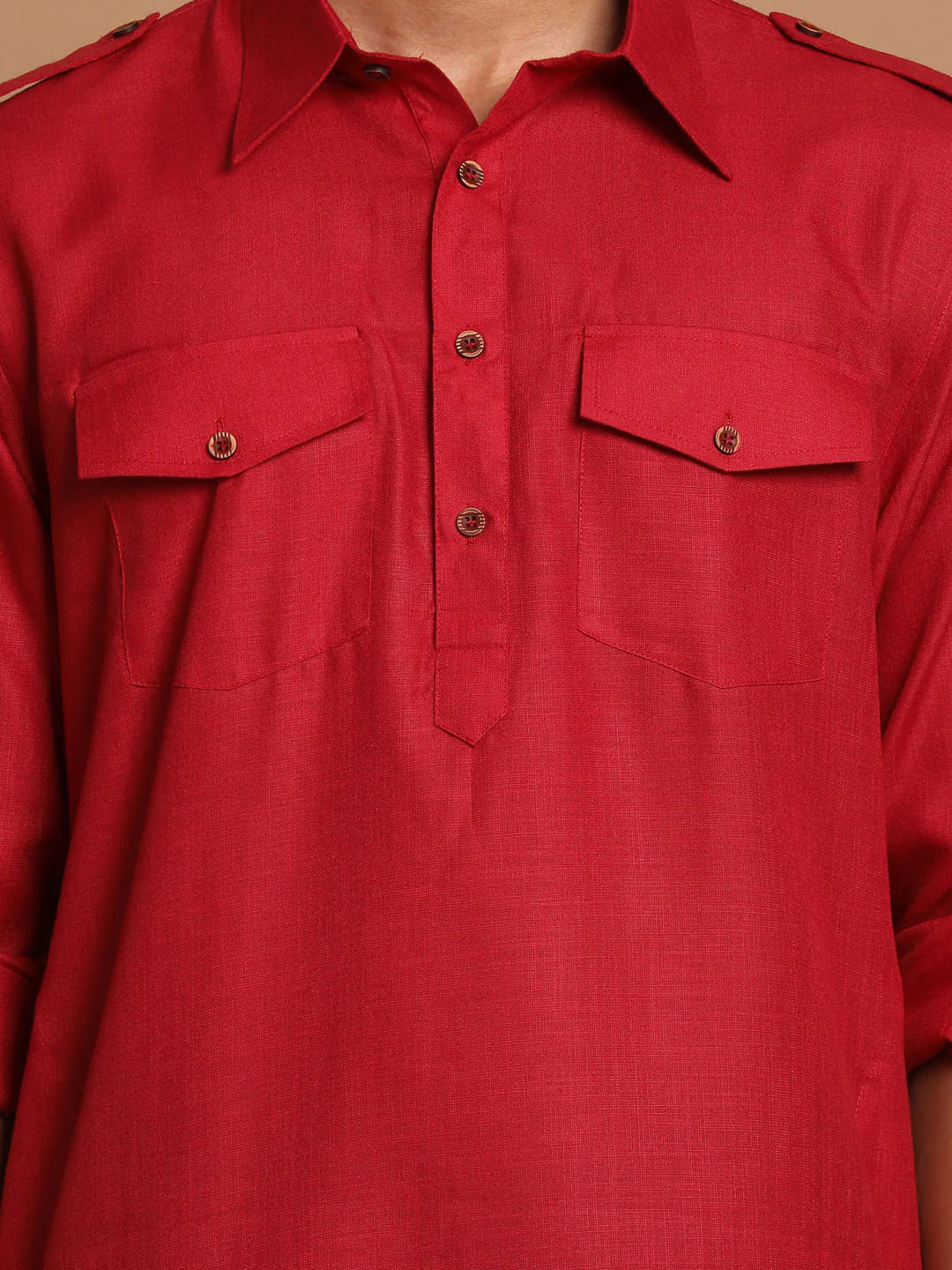 Men's Red Solid Tunic Cotton Kurta Pajama Set