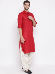 Men's Red Solid Tunic Cotton Kurta Pajama Set