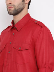 Men's Red Solid Tunic Cotton Kurta Pajama Set