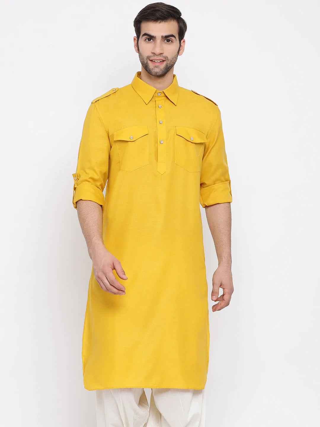 Ensemble pyjama Kurta en coton jaune uni pour homme