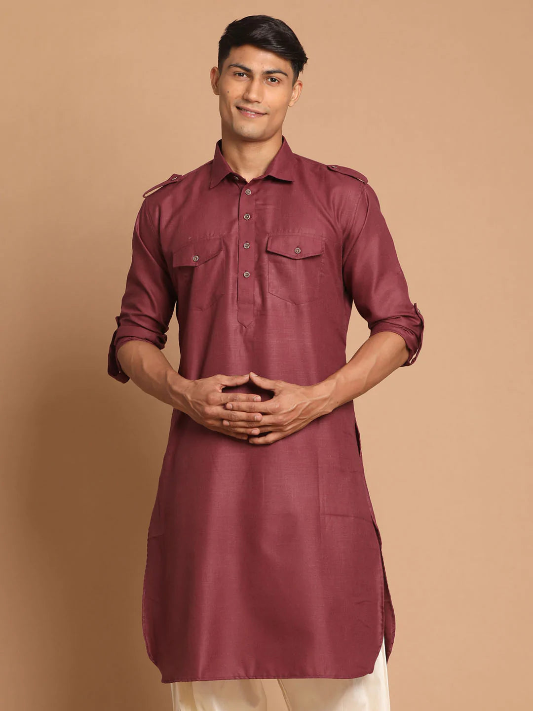 Men's Wine Solid Tunic Cotton Kurta Pajama Set