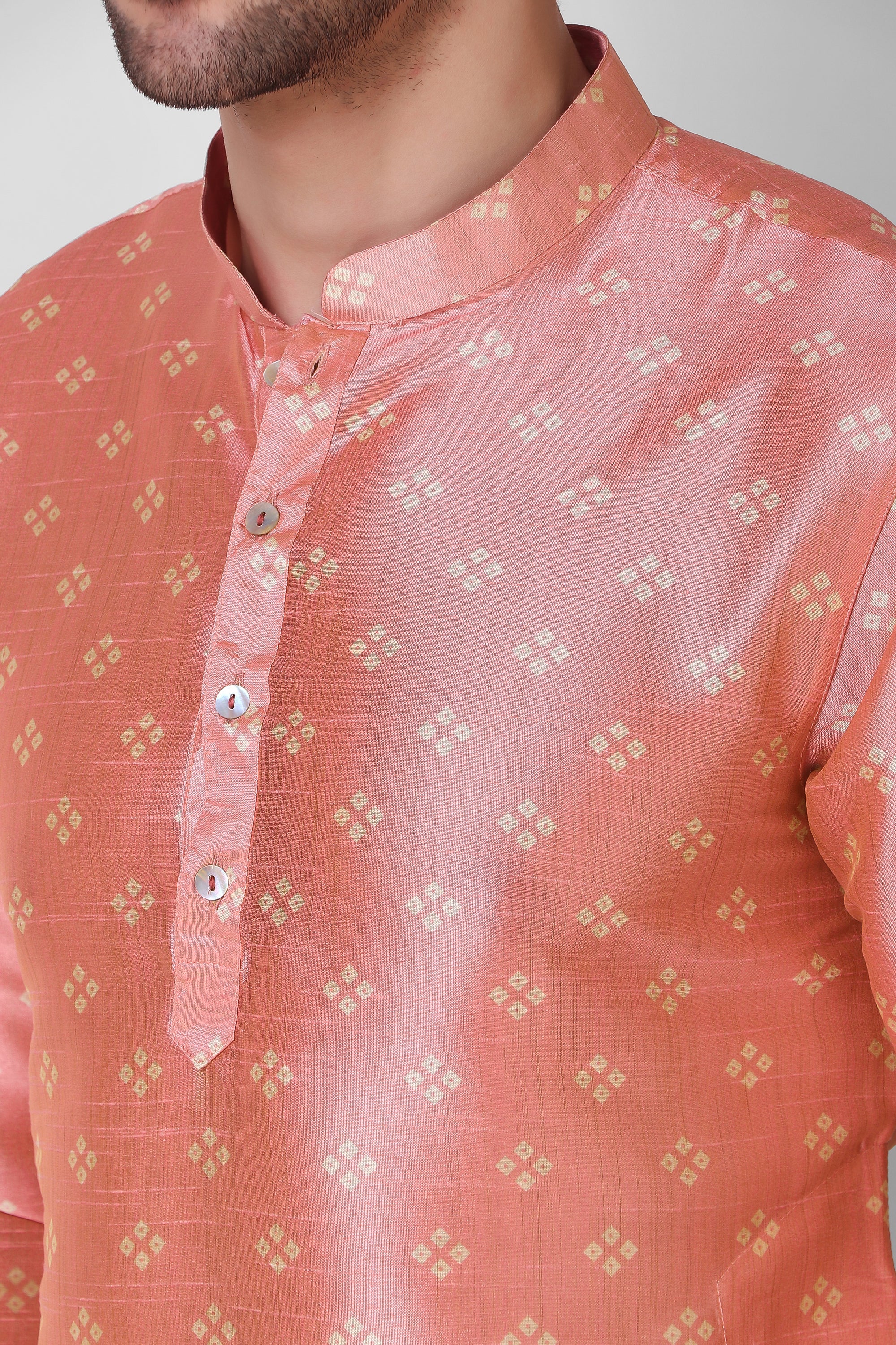 Men's Peach Printed Silk Kurta Pajama Set