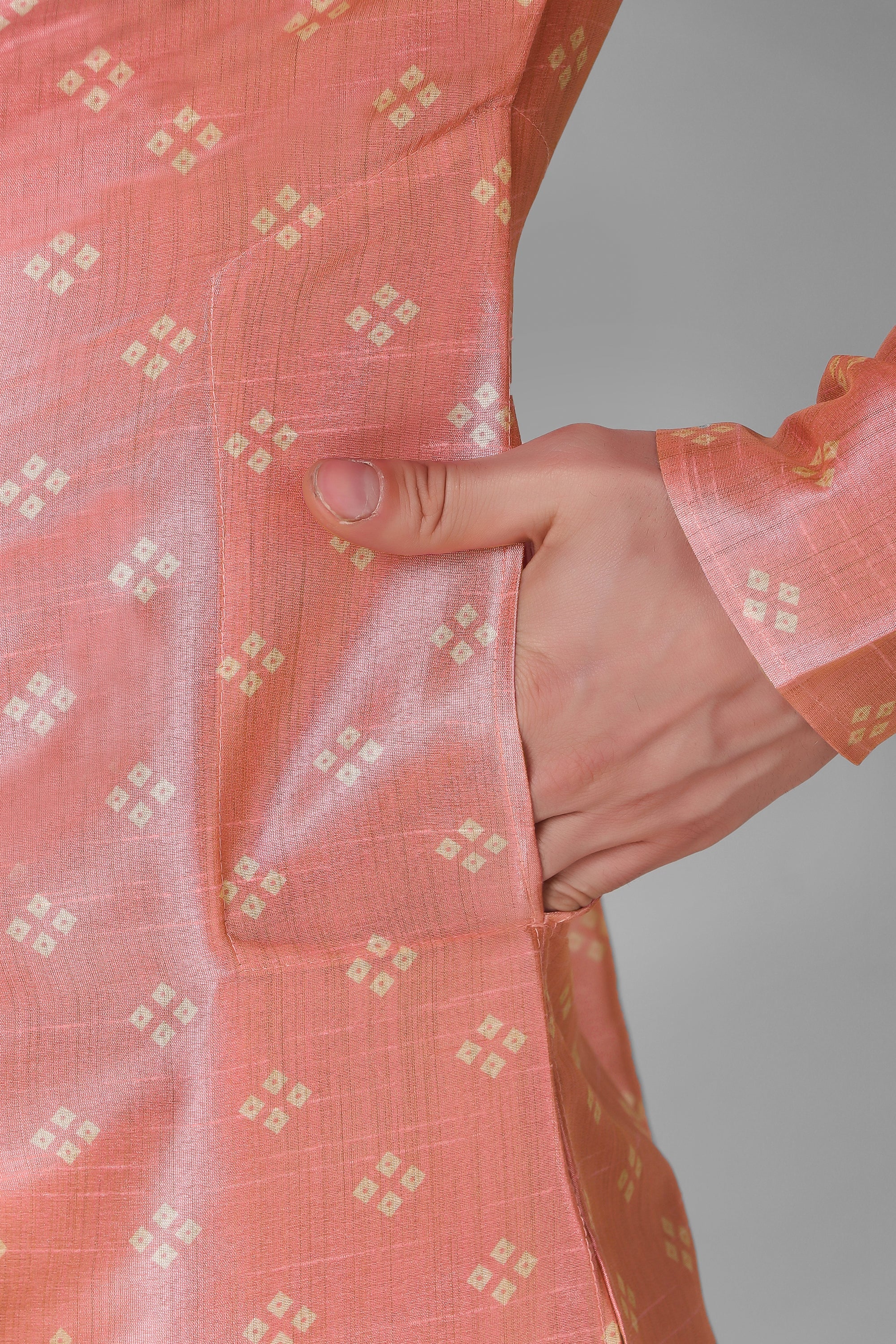 Men's Peach Printed Silk Kurta Pajama Set