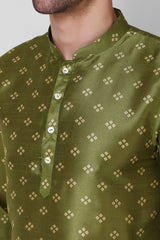 Men's Olive Green Printed Tunic Cotton Kurta Pajama Set