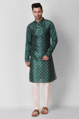 Men's Teal Printed Tunic Cotton Kurta Pajama Set