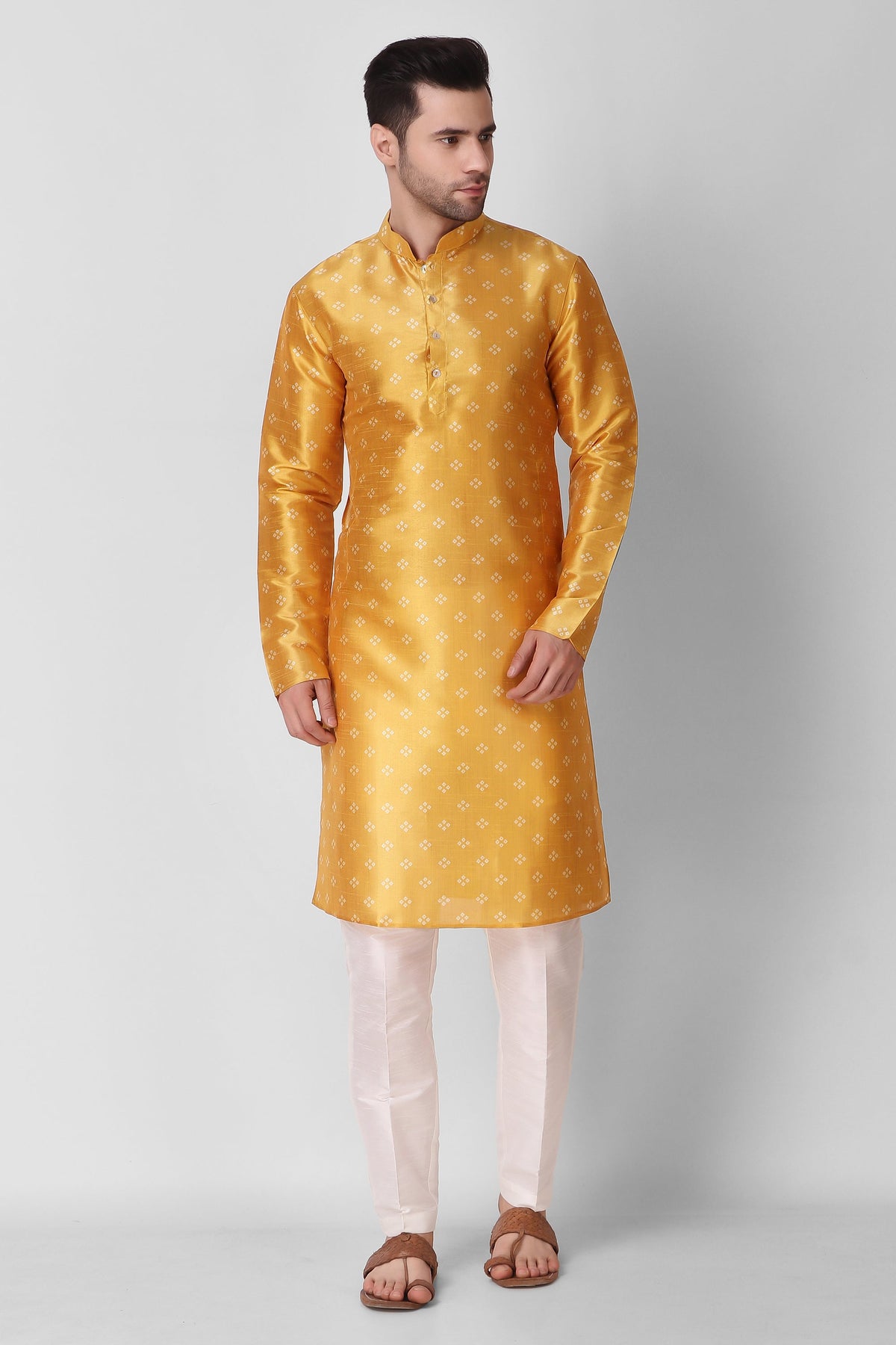 Men's Yellow Printed Tunic Cotton Kurta Pajama Set