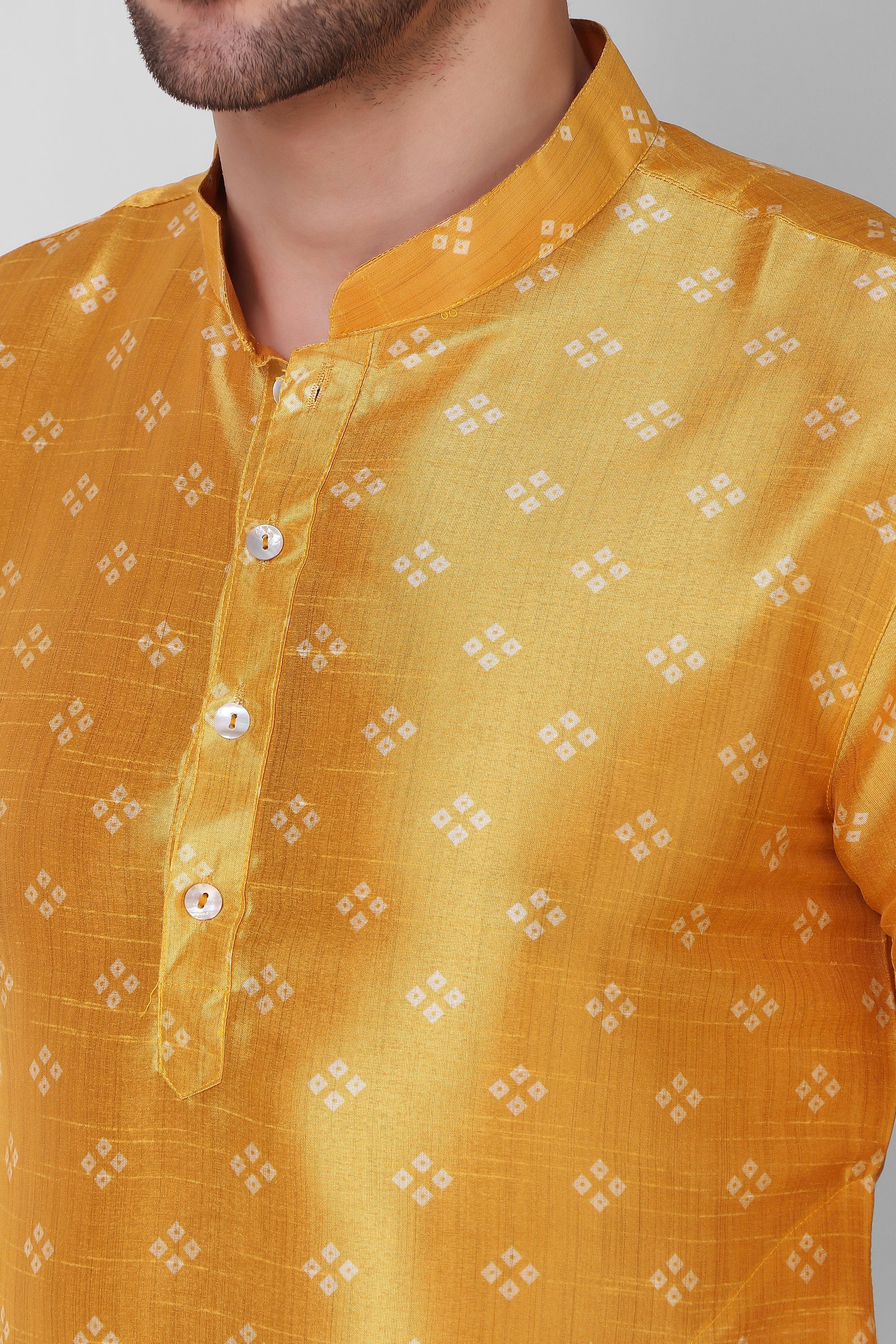 Men's Yellow Printed Tunic Cotton Kurta Pajama Set