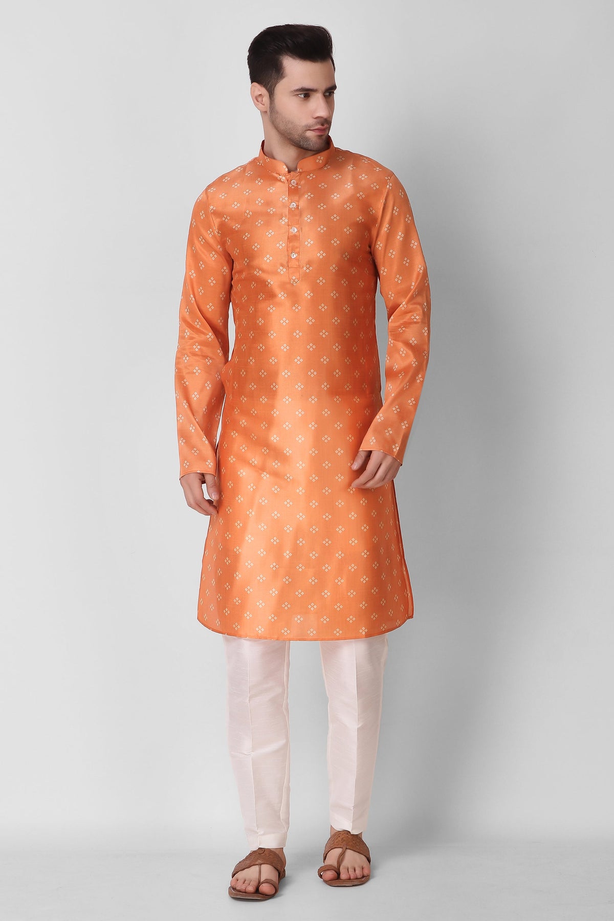 Men's Orange Printed Tunic Cotton Kurta Pajama Set