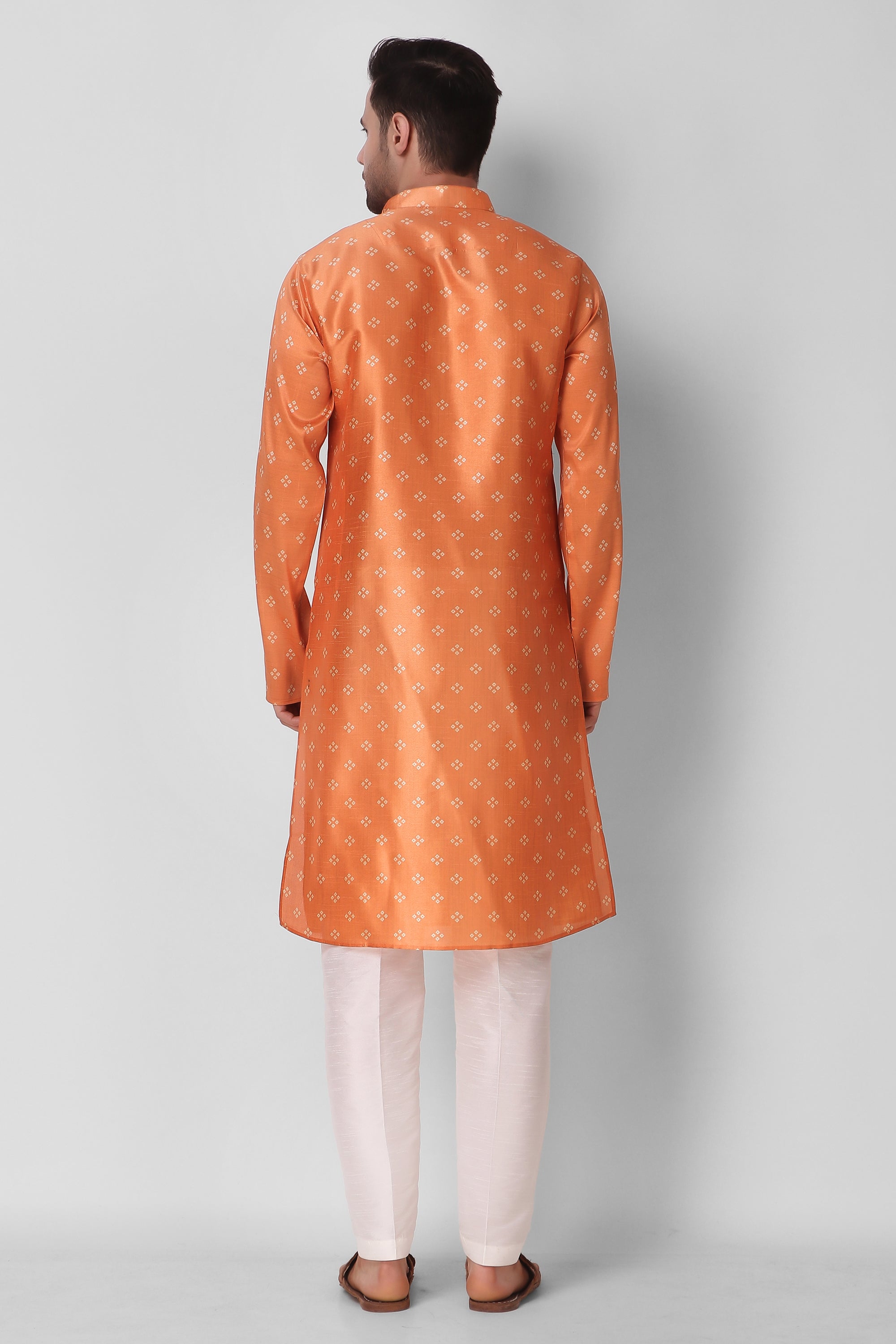 Men's Orange Printed Tunic Cotton Kurta Pajama Set