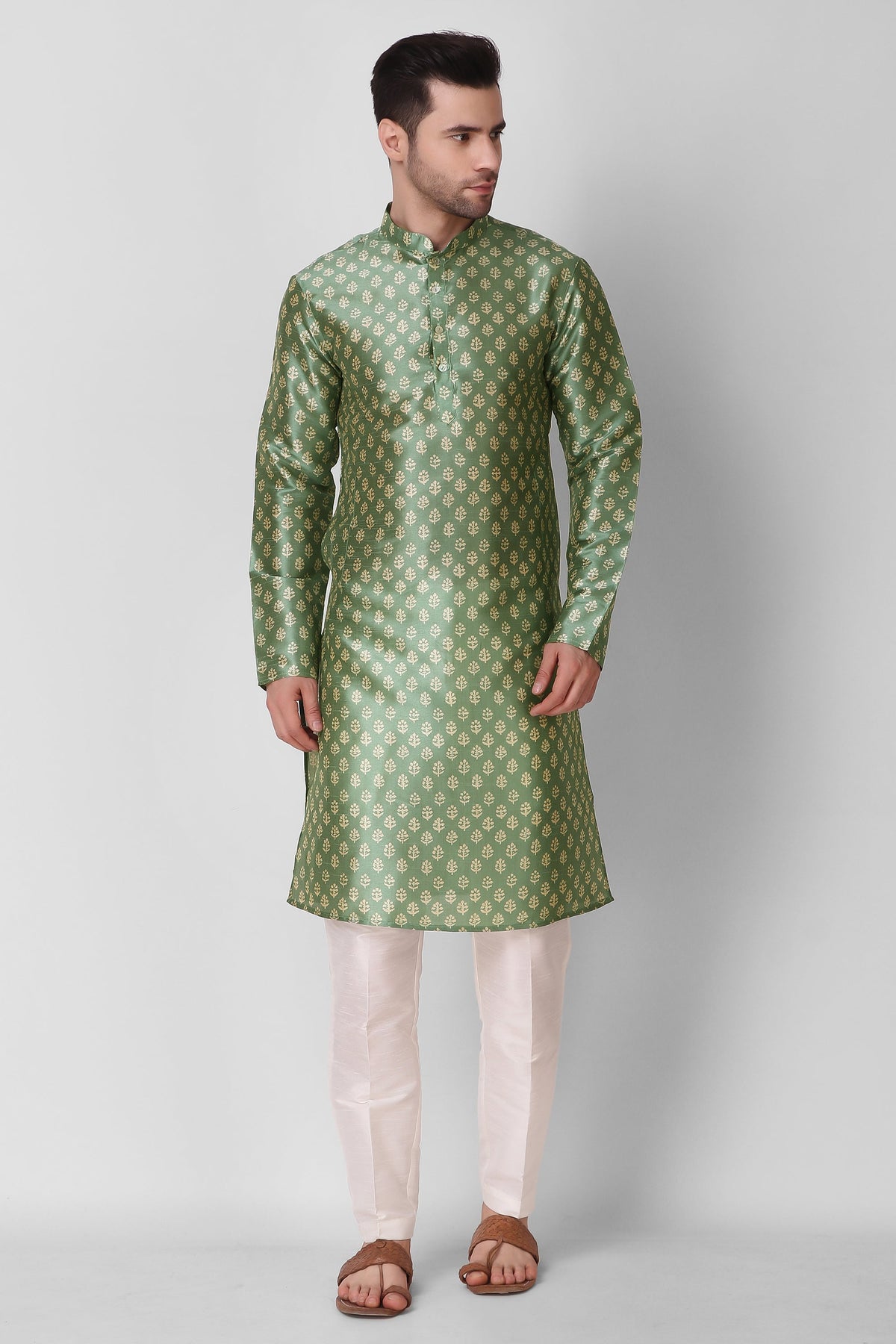 Men's Olive Green Printed Tunic Cotton Kurta Pajama Set